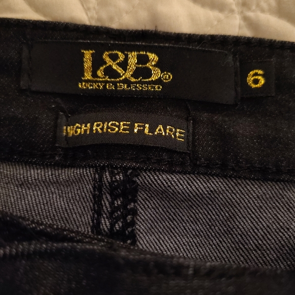 L & B Lucky & Blessed High Rise Flare Jeans Women's Size 6 Fringe Raw Hem Black - Picture 3 of 9